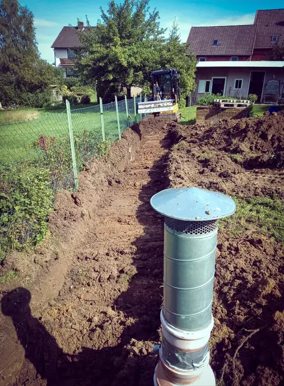 Minibagger bei Erdarbeiten in einem Garten